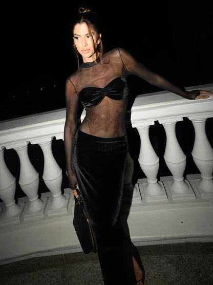 Levoire | Robe Maxi En Velours À Manches Longues En Maille Noir