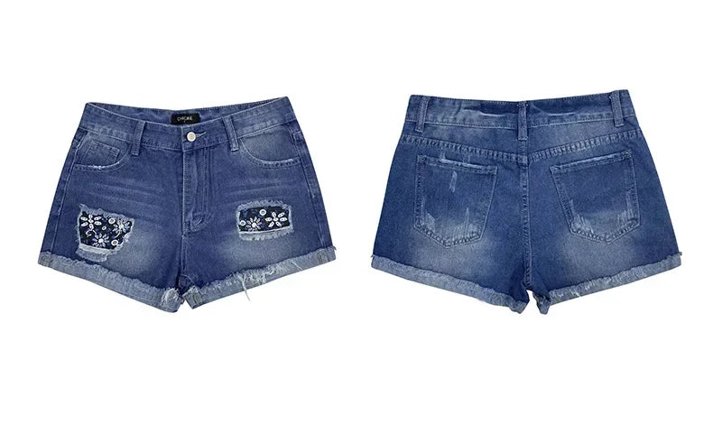 Levoire | Printemps Été Jean Pantalon Court Patchwork Imprimé, Sexy Shorties