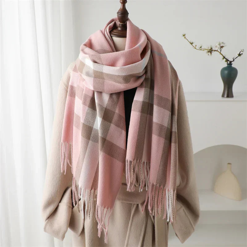 Levoire | Écharpe D'Hiver De Luxe En Cachemire À Carreaux Avec Franges Rose