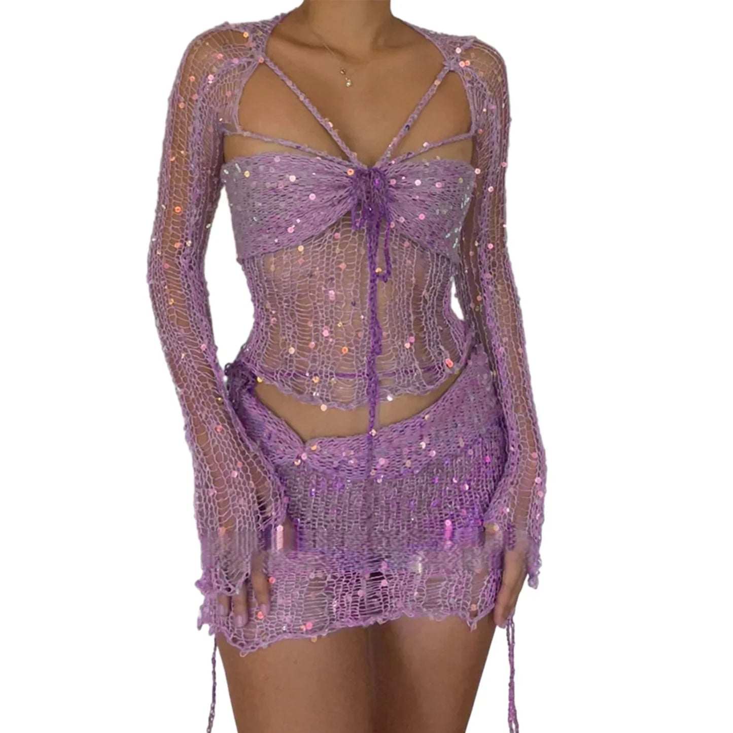 Levoire | Top Crop Tricot À Paillettes En Crochet Et Mini Jupe Co Ord Set Lilas