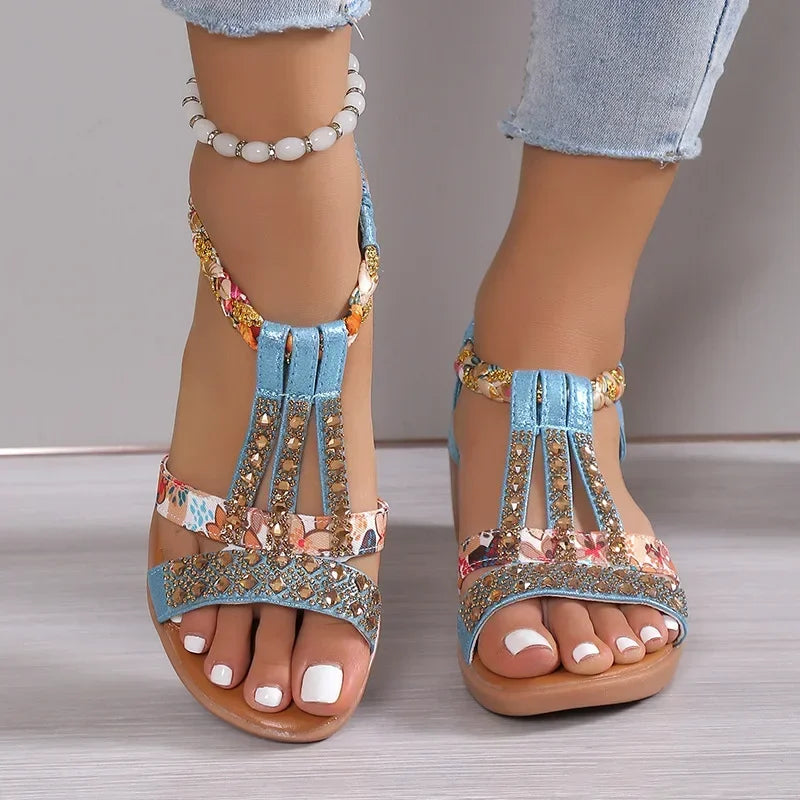 Levoire | Botte Plate Bohémienne Strass Pour Femmes Bleu ciel