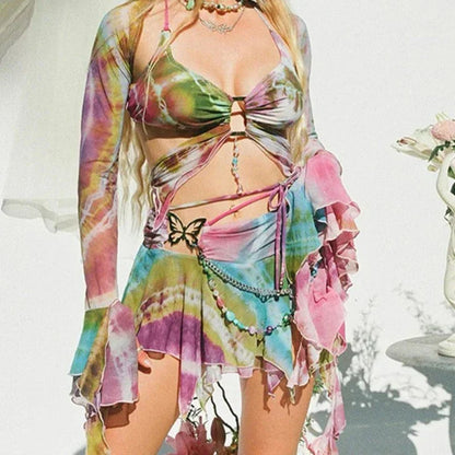 Levoire | Top Court En Mesh Papillon Et Jupe Mini Tie Dye Y2K Set Ensemble vert