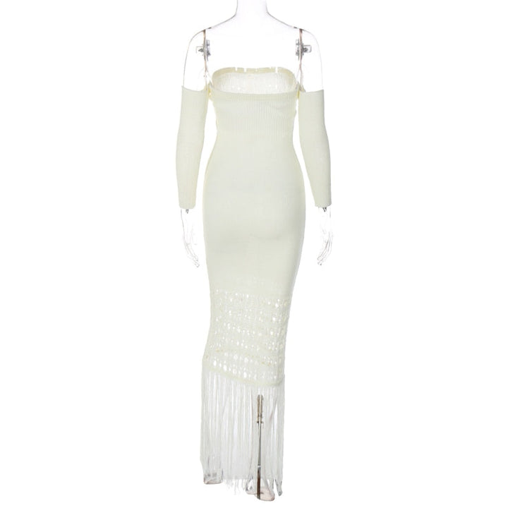 Levoire | Robe Maxi Dénudée À Franges En Tricot À Manches Longues