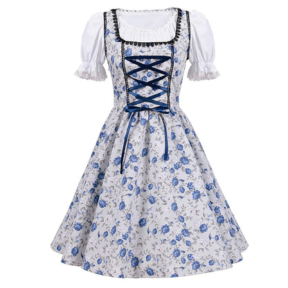 Levoire | Robe Oktoberfest À Manches Courtes En Dentelle Avec Tablier Blanc et Bleu