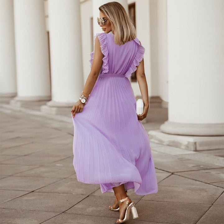 Levoire | Robe Été Sans Manches V-Cou Maxi Plissée Ceinture