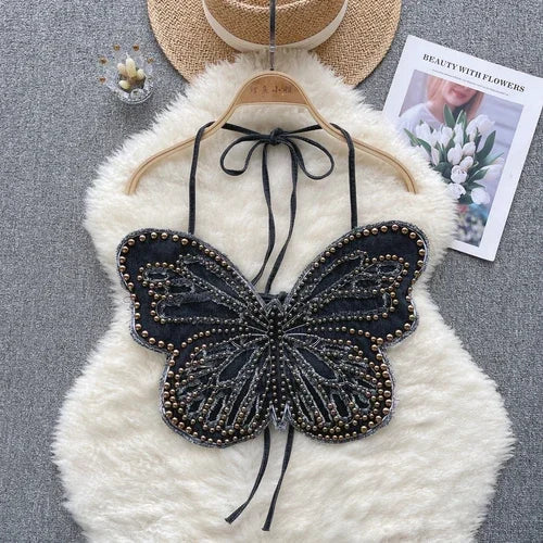 Levoire | Top Court Vintage En Denim Y2K Avec Papillon Noir Taille unique