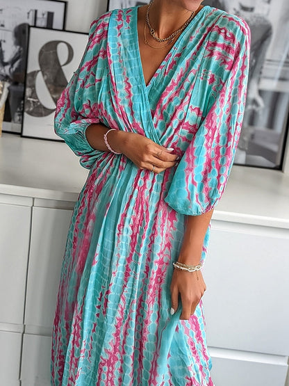 Levoire | Robe Fleurie Col V Manches Bouffantes Plus Bleu