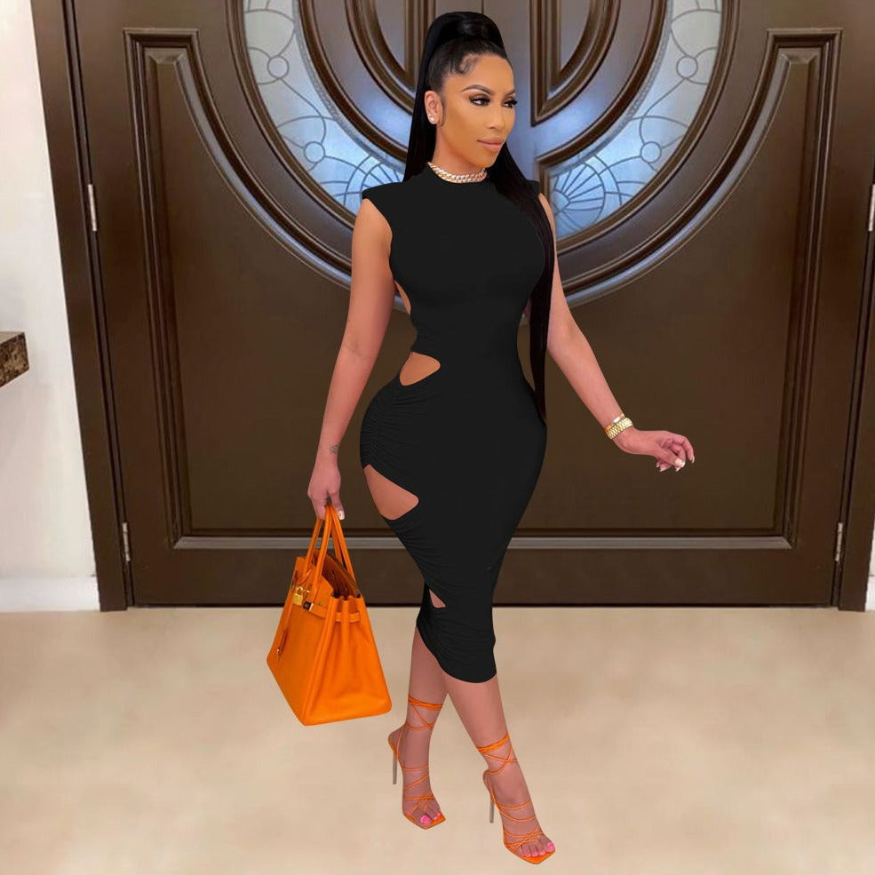 Levoire | O-Cou Robe Midi Bodycon Découpée Sur Les Côtés Noir