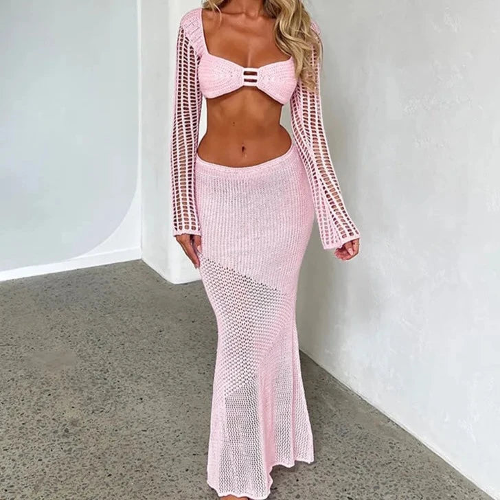 Levoire | Top En Crochet Court Et Ensemble De Jupe Maxi Rosa