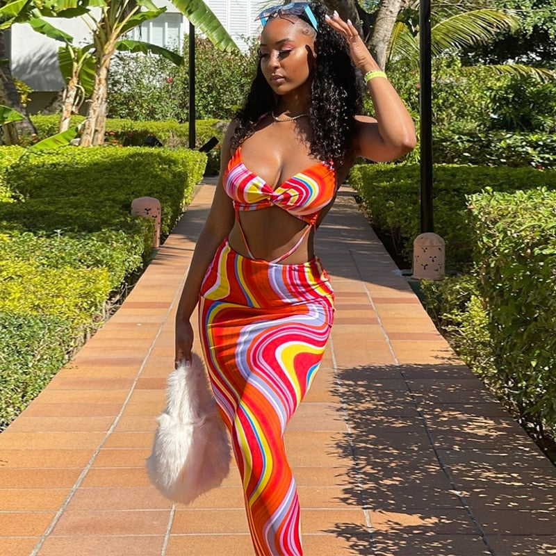 Levoire | Crop Haut Col Imprimé Bodycon Long Robe