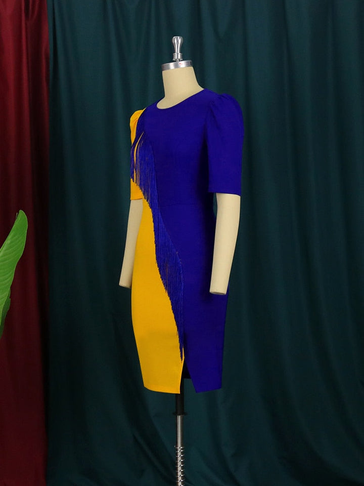 Levoire | Jaune Bleu Robe À Manches Courtes Pompom