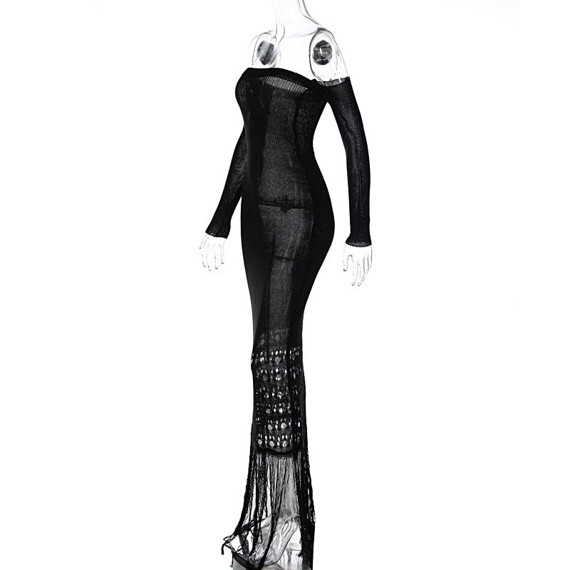 Levoire | Robe Maxi Dénudée À Franges En Tricot À Manches Longues