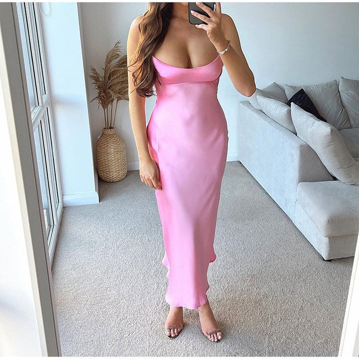 Levoire | Satin Sans Épaules Dos U Fente Midi Robe
