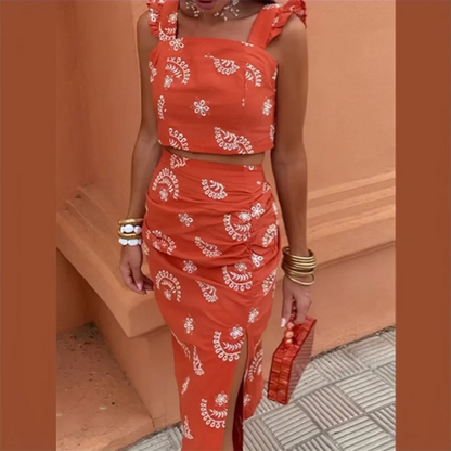 Levoire | Femmes Haut Sans Manches À Volants Et Ensemble Jupe Orange