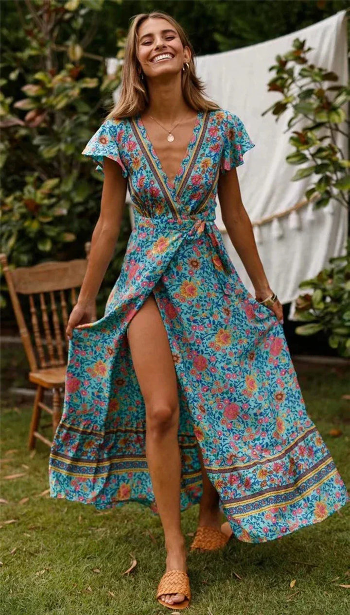 Levoire | Robe Portefeuille Fleurie Bohème Vert