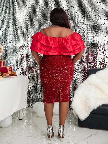 Levoire | Robe À Volants Pailletée Rouge À Épaules Dénudées