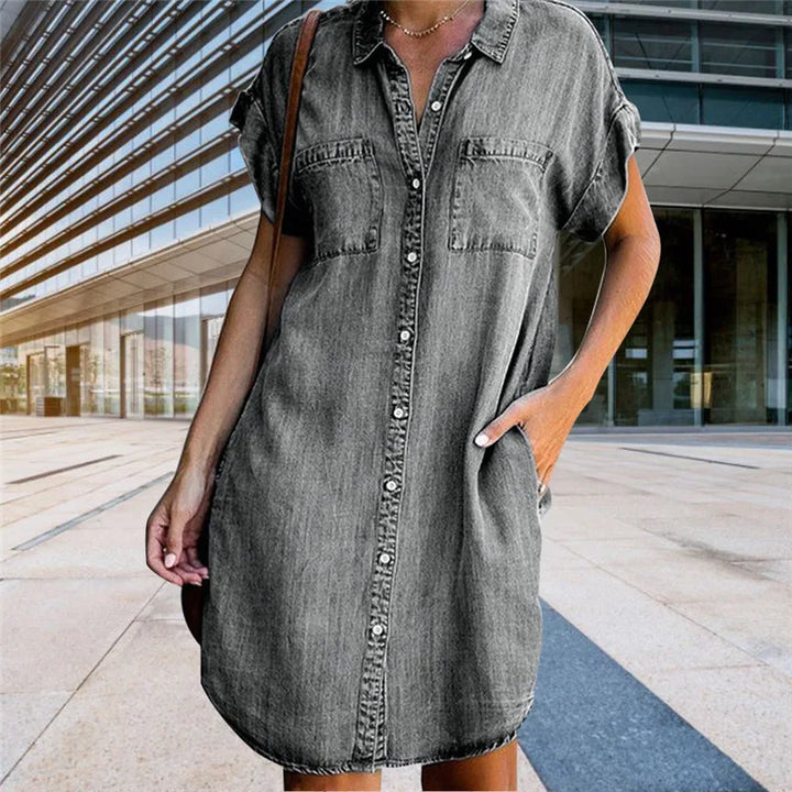 Levoire | Robe Chemise En Jean Pour Femmes À Manches Courtes Gris