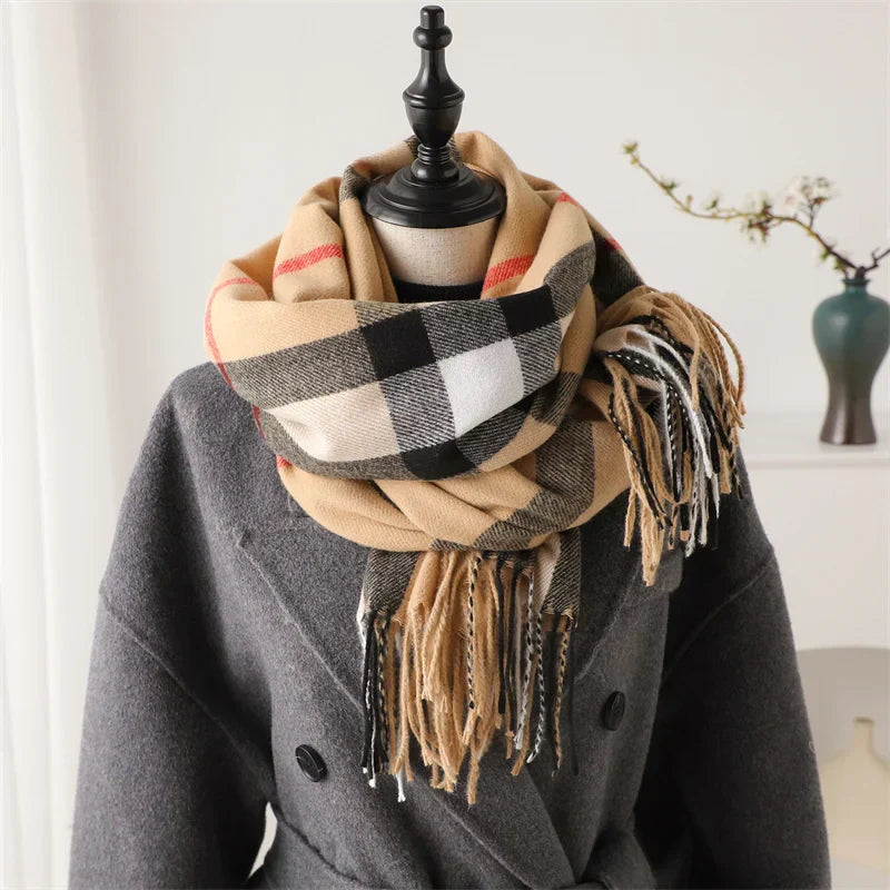 Levoire | Écharpe D'Hiver De Luxe En Cachemire À Carreaux Avec Franges Khaki