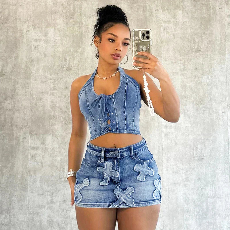 Levoire | Crop Top En Denim Brodé Mini Micro Y2K Jupe Corset Ensemble À Lacets