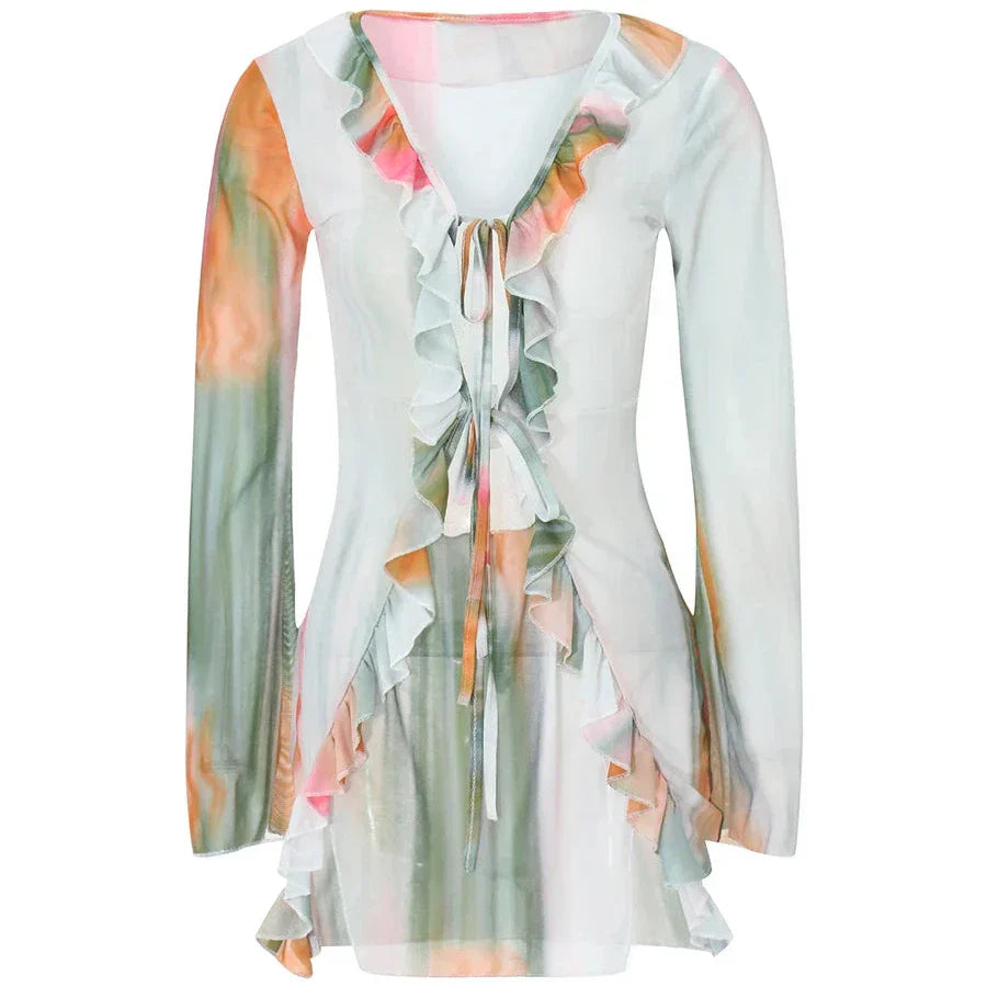 Levoire | Volant Batik Robe Mini À Manches Longues Jaune
