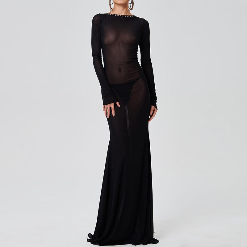Levoire | Mesh Noir Manches Longues Dos Nu Transparent