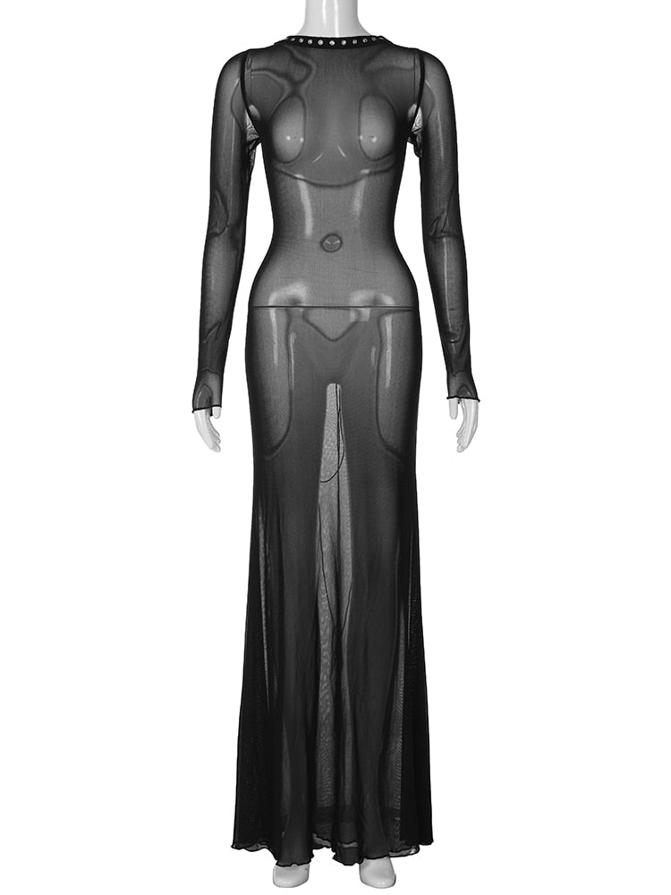 Levoire | Mesh Noir Manches Longues Dos Nu Transparent