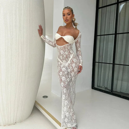 Levoire | Décolleté Ouvert Avec Des Bretelles En Dentelle Robes Maxi Blanc