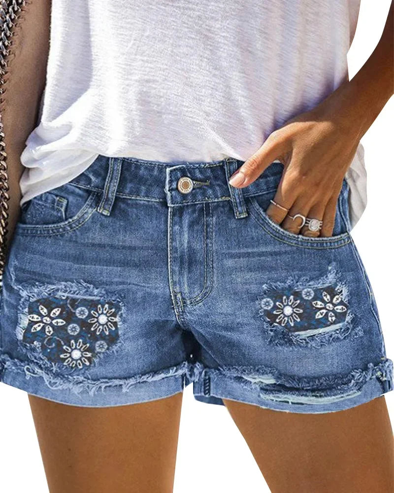 Levoire | Printemps Été Jean Pantalon Court Patchwork Imprimé, Sexy Shorties