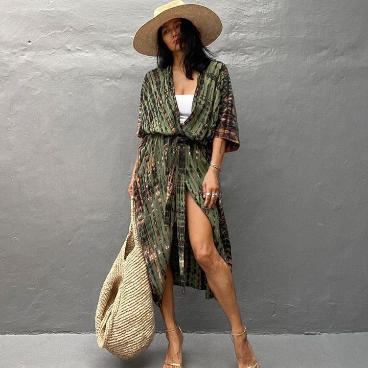 Levoire | Long Kimono De Plage Triangulum Vert Universel
