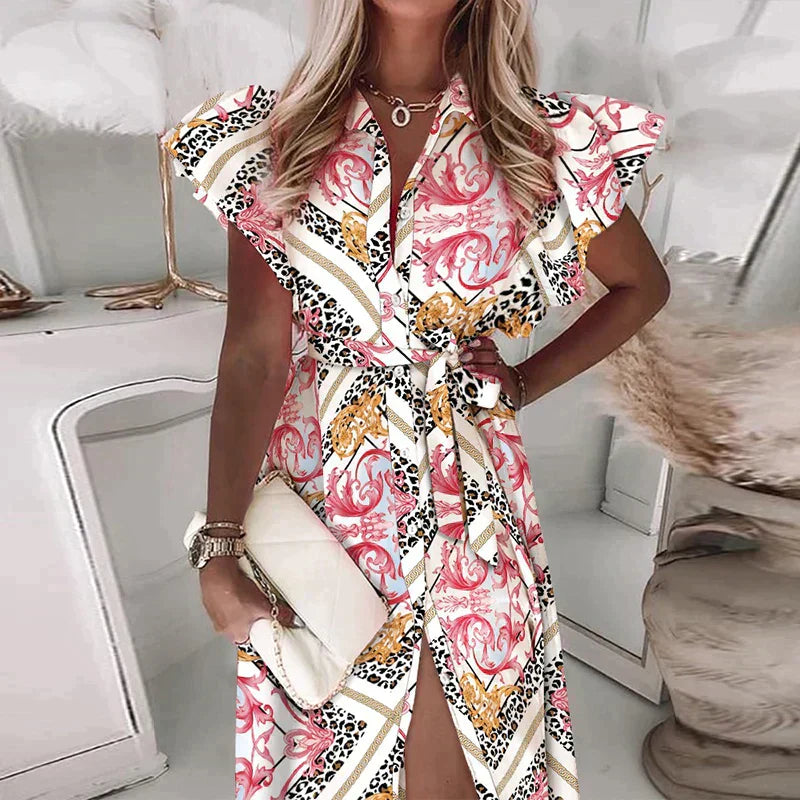 Levoire | Mode Volant Manche Courte V-Cou Liste De Boutons Jupe Midi Noir-Rose