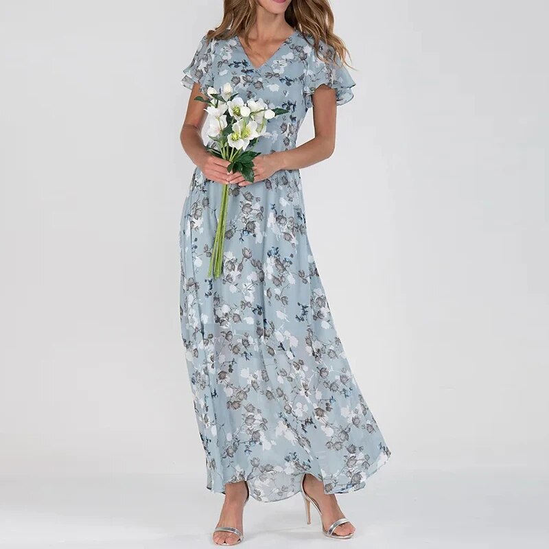 Levoire | Robe D'Été Longue Avec Motif Floral Bleu clair