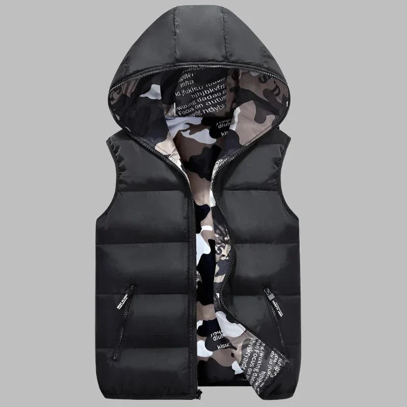 Levoire | Veste Rembourrée Décontractée Avec Impression Camouflage Des Deux Côtés Et Capuche Pour Hommes Noir