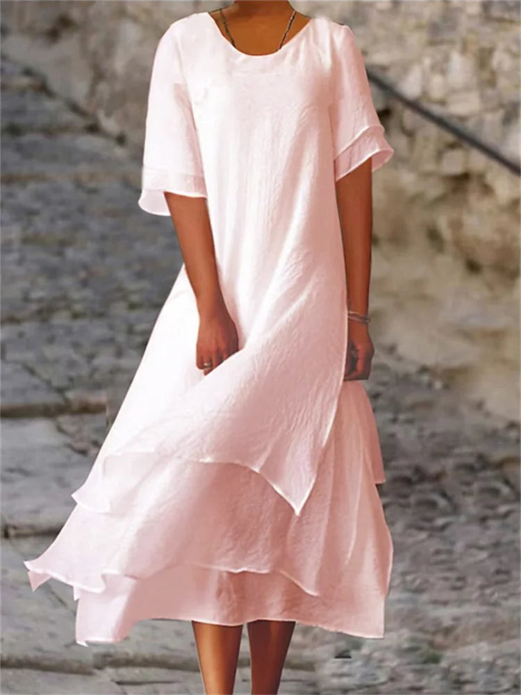 Levoire | Robe Courte À Manches Courtes À Double Couche Avec Encolure Ronde Rosa