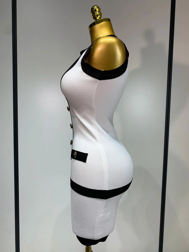 Levoire | Sexy Dos Nu Noir Blanc Bouton Mini Bandage Robe Courte