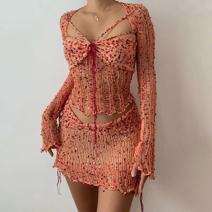 Levoire | Top Court À Manches Longues En Crochet Pailleté Et Jupe Moulante Mini Ensemble À Deux Pièces Orange