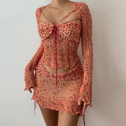 Levoire | Top Court À Manches Longues En Crochet Pailleté Et Jupe Moulante Mini Ensemble À Deux Pièces