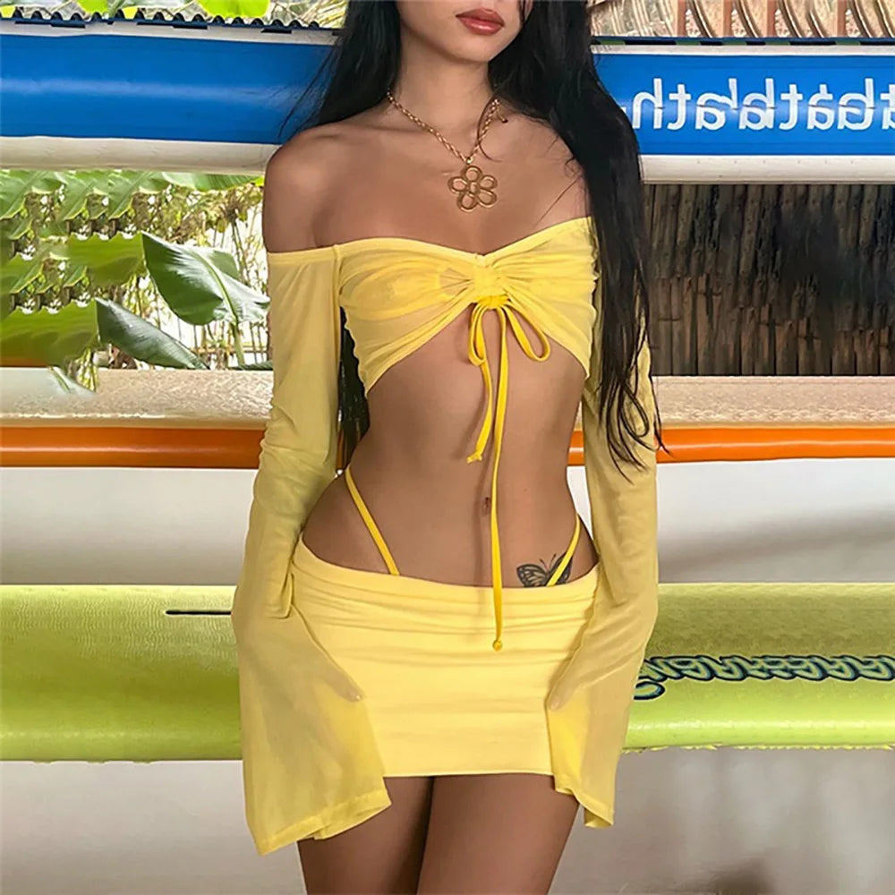 Levoire | Y2K 2 Pièces Crop Top À Manches Longues Et Jupe Micro Co Ord Set