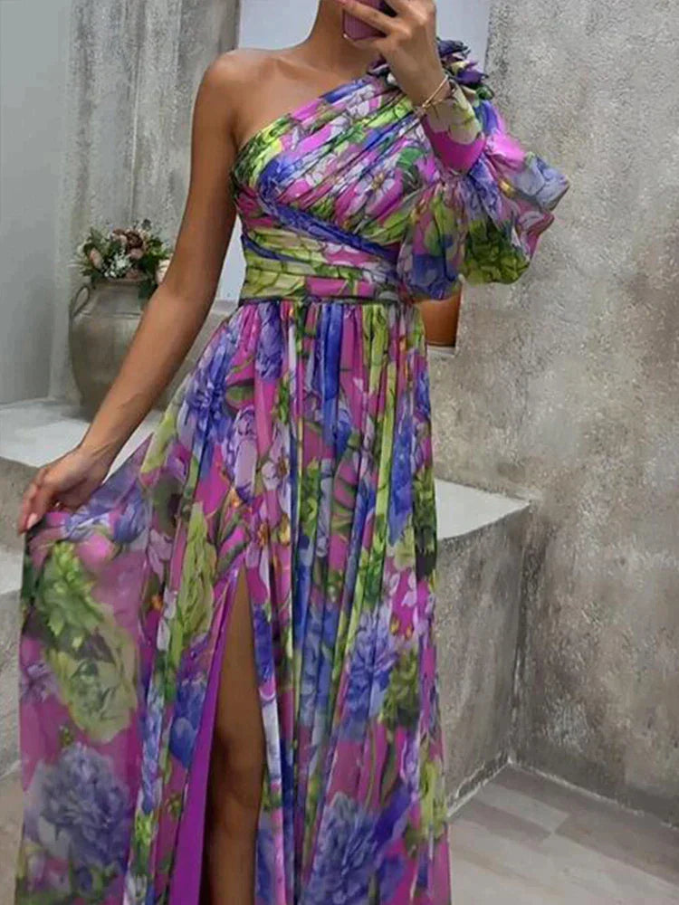 Levoire | Robe Maxi Sexy Avec Fente Sur Le Côté Et Manches Imprimé Violet