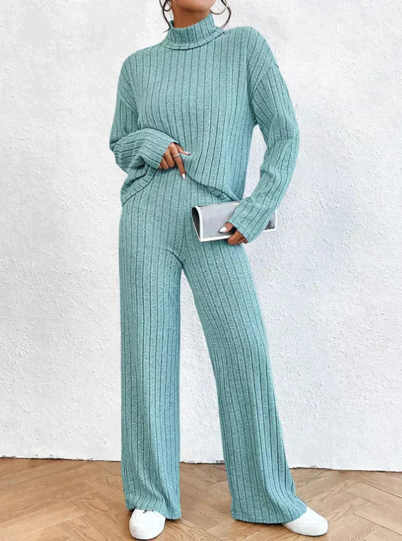 Levoire | Ensemble En Tricot 2 Pièces Avec Pull À Col Roulé Et Pantalon Bleu