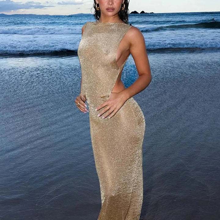 Levoire | Élégant Robe Maxi Dos Nu Paillettes Dorées