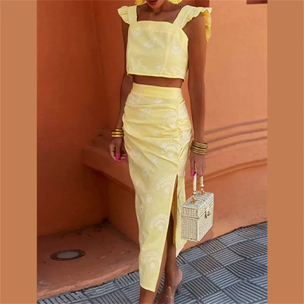 Levoire | Femmes Haut Sans Manches À Volants Et Ensemble Jupe Jaune