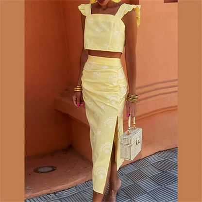 Levoire | Femmes Haut Sans Manches À Volants Et Ensemble Jupe Jaune