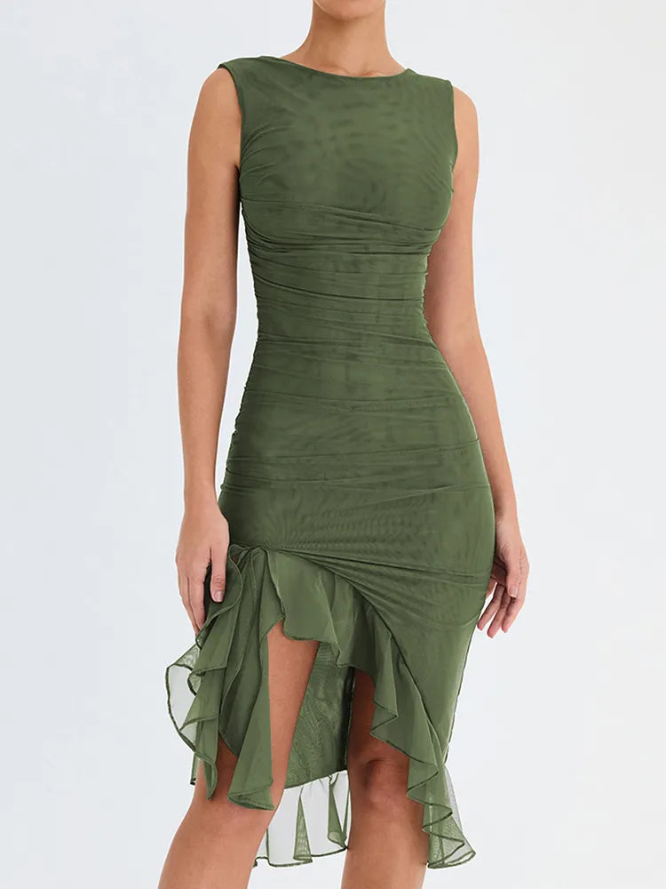 Levoire | Robe Midi Élégante À Volants Vert