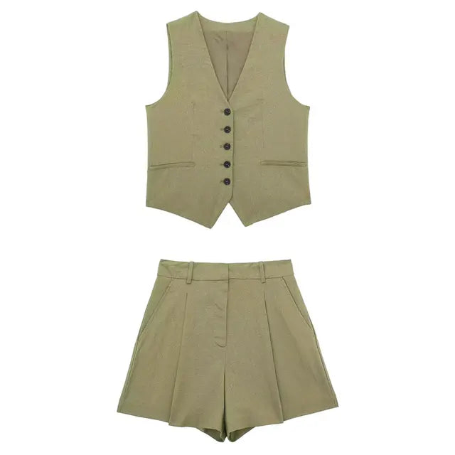 Levoire | Ensemble D'Été Élégant Pour Femmes Avec Haut À Décolleté En V Et Shorts Braun