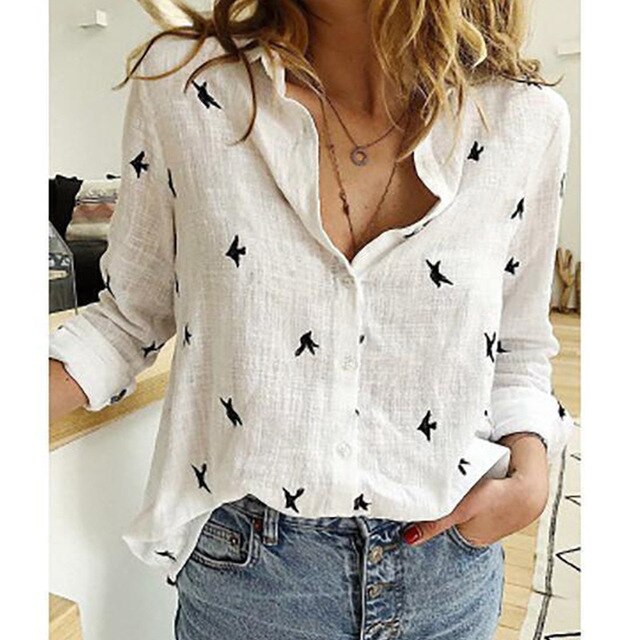 Levoire | Blouse Décontractée Chloé - Une Blouse Durable Et Aérée Pour Femmes. Blanc (avec des oiseaux)