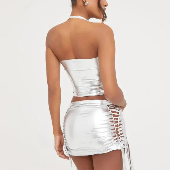 Levoire | Metallic Bodycon Taille Basse Y2K Mini Jupe Crop Top Co Ord Ensemble