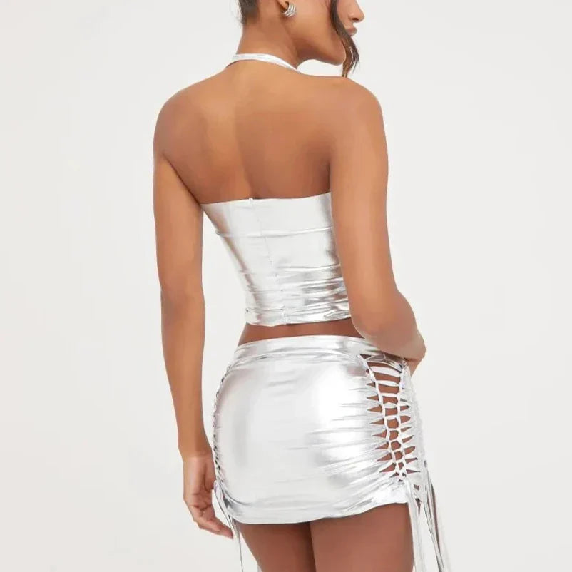 Levoire | Jupe Mini Bodycon Métallique Avec Crop-Top Taille Basse Dans Le Style Y2K