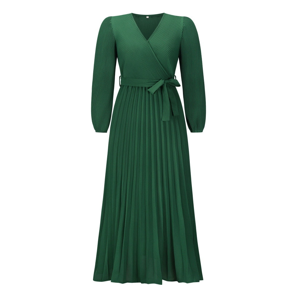 Levoire | Robe Maxi Plissée D'Été À Col V Design Grand Zoom Élégant Vert