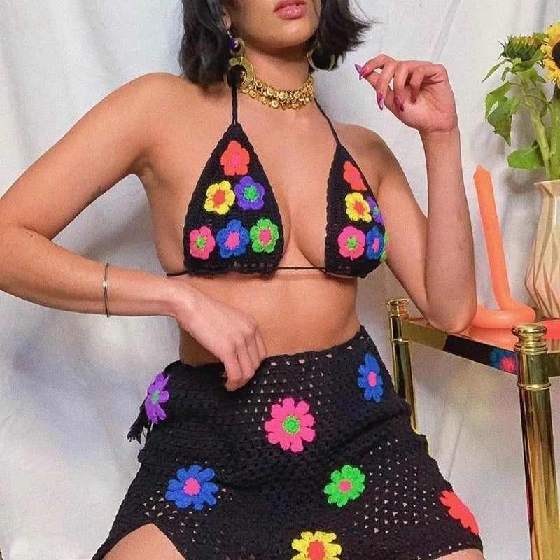 Levoire | Top En Crochet Tricoté Et Ensemble Jupe Love-Fleur Au Design Élégant noir coloré