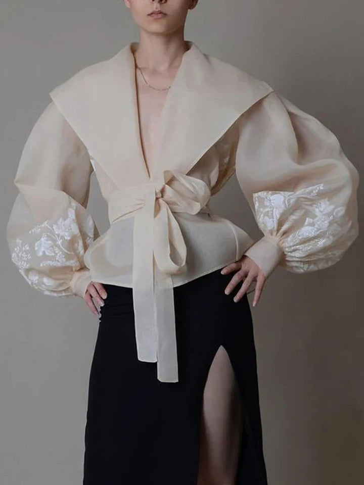 Levoire | Blouse En Organza Vintage Pour Femmes Avec Col Revers, Détails Lacés Et Nœud Abricot